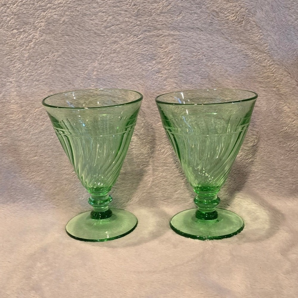 Vintage Duncan & Miller Spiral Flutes Green 8 oz. Footed Water Tumbler Set of 2